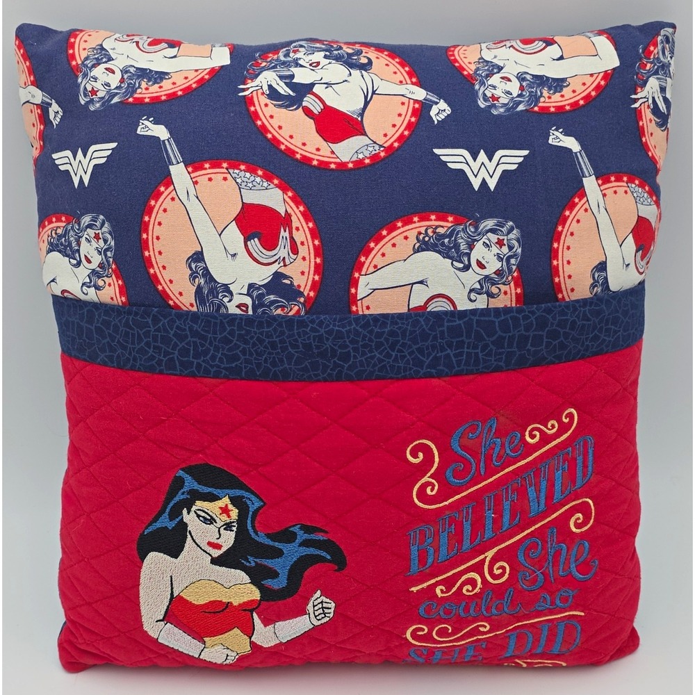 DC Wonder Woman Embroidered Quilted 12x12 Throw Pillow Red Blue, Zip, Handmade
